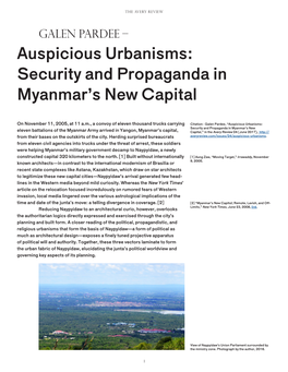 Auspicious Urbanisms: Security and Propaganda in Myanmar’S New Capital