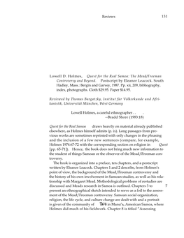 Lowell D. Holmes, Quest for the Real Samoa: the Mead/Freeman Controversy and Beyond