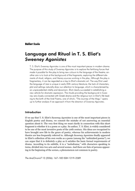 Language and Ritual in T. S. Eliot's Sweeney Agonistes