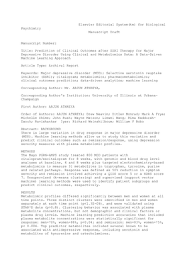 Prediction of Clinical Outcomes After SSRI Therapy for Major Depressive Disorder Using Clinical and Metabolomics Data: a Data-Driven Machine Learning Approach