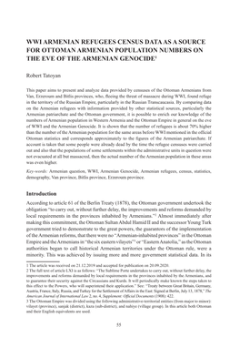 Wwi Armenian Refugees Census Data As a Source for Ottoman Armenian Population Numbers on the Eve of the Armenian Genocide1