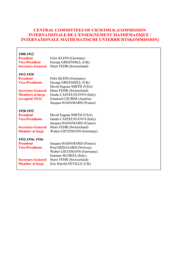 Central Committees of Ciem/Imuk (Commission Internationale De L’Enseignement Mathématique / Internationale Mathematische Unterrichtskommission)