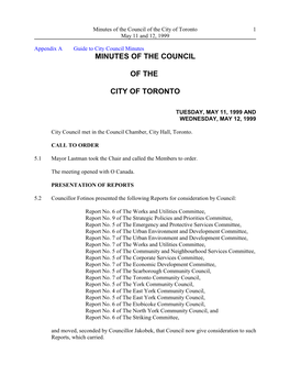 Minutes of the Council of the City of Toronto 1 May 11 and 12, 1999