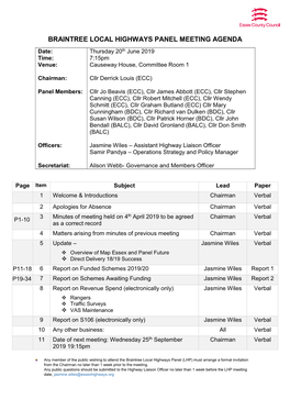 BRAINTREE LOCAL HIGHWAYS PANEL MEETING AGENDA Date: Thursday 20Th June 2019 Time: 7:15Pm Venue: Causeway House, Committee Room 1