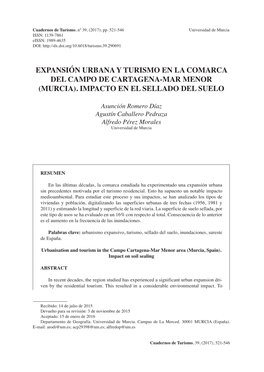 Expansión Urbana Y Turismo En La Comarca Del Campo De Cartagena-Mar Menor (Murcia). Impacto En El Sellado Del Suelo