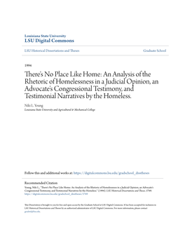 An Analysis of the Rhetoric of Homelessness in a Judicial Opinion, an Advocate's Congressional Testimony, and Testimonial Narratives by the Homeless