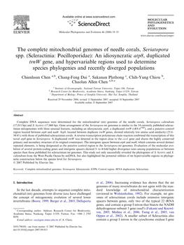 The Complete Mitochondrial Genomes of Needle Corals, Seriatopora Spp