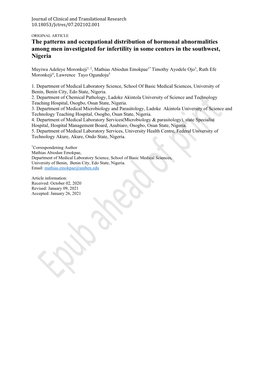 The Patterns and Occupational Distribution of Hormonal Abnormalities Among Men Investigated for Infertility in Some Centers in the Southwest, Nigeria