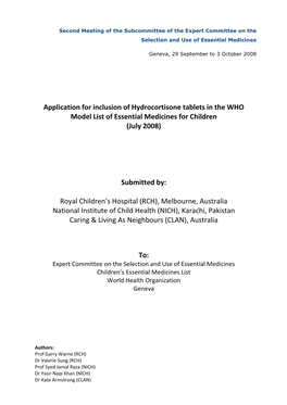 Application for Inclusion of Hydrocortisone Tablets in the WHO Model List of Essential Medicines for Children (July 2008)