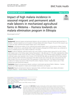Impact of High Malaria Incidence in Seasonal Migrant and Permanent Adult Male Laborers in Mechanized Agricultural Farms in Metem