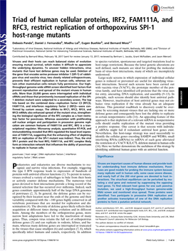 Triad of Human Cellular Proteins, IRF2, FAM111A, and RFC3, Restrict Replication of Orthopoxvirus SPI-1 Host-Range Mutants