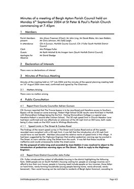 Minutes of a Meeting of Bergh Apton Parish Council Held on Monday 6Th September 2004 at St Peter & Paul’S Parish Church Commencing at 7.45Pm