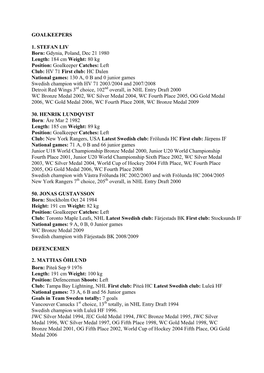 GOALKEEPERS 1. STEFAN LIV Born: Gdynia, Poland, Dec 21 1980 Length: 184 Cm Weight: 80 Kg Position: Goalkeeper Catches: Left C