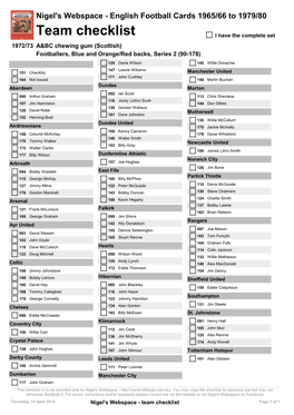 Team Checklist I Have the Complete Set 1972/73 A&BC Chewing Gum (Scottish) Footballers, Blue and Orange/Red Backs, Series 2 (90-178)