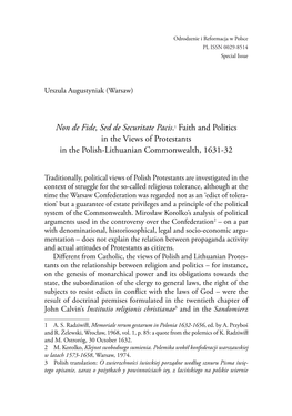 Non De Fide, Sed De Securitate Pacis.1 Faith and Politics in the Views of Protestants in the Polish‑Lithuanian Commonwealth, 1631‑32