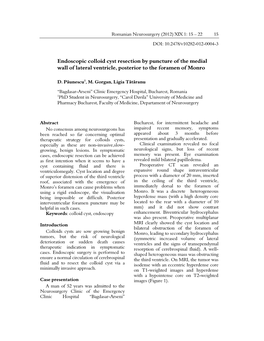 Endoscopic Colloid Cyst Resection by Puncture of the Medial Wall of Lateral Ventricle, Posterior to the Foramen of Monro
