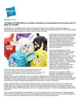 The Magic of FURBY Returns As Hasbro Unleashes an Unpredictable Furry Creature with 