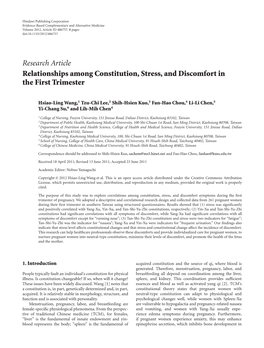 Research Article Relationships Among Constitution, Stress, and Discomfort in the First Trimester