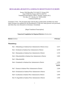 Bessarabia-Bukovina Germans Resettled in Europe