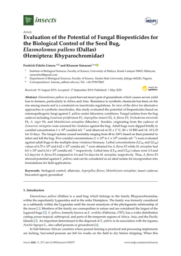 Evaluation of the Potential of Fungal Biopesticides for the Biological Control of the Seed Bug, Elasmolomus Pallens (Dallas) (Hemiptera: Rhyparochromidae)
