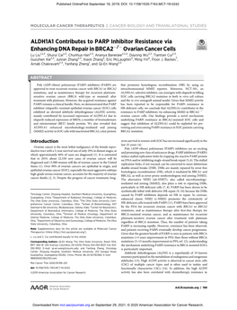 ALDH1A1 Contributes to PARP Inhibitor Resistance Via Enhancing