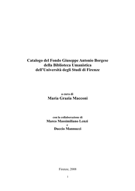 Catalogo Del Fondo Giuseppe Antonio Borgese Della Biblioteca Umanistica Dell’Università Degli Studi Di Firenze