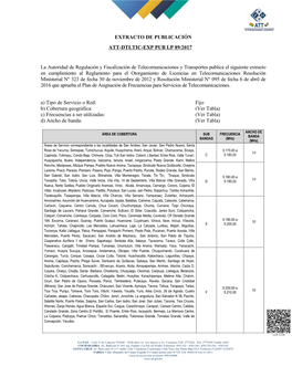 EXTRACTO DE PUBLICACIÓN La Autoridad De Regulación Y Fiscalización De Telecomunicaciones Y Transportes Publica El Siguiente E