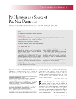 Pet Hamsters As a Source of Rat Mite Dermatitis