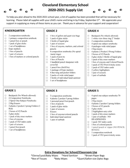 Cleveland Elementary School 2020-2021 Supply List