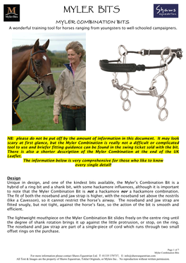 MYLER COMBINATION BITS a Wonderful Training Tool for Horses Ranging from Youngsters to Well-Schooled Campaigners