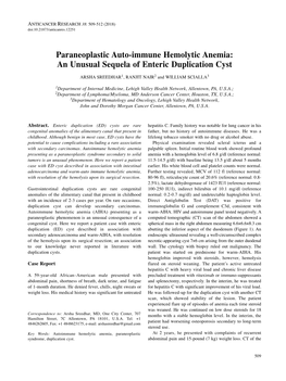 Paraneoplastic Auto-Immune Hemolytic Anemia: an Unusual Sequela of Enteric Duplication Cyst ARSHA SREEDHAR 1, RANJIT NAIR 2 and WILLIAM SCIALLA 3