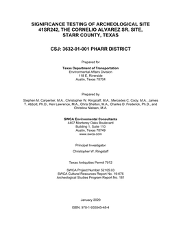 Significance Testing of Archeological Site 41Sr242, the Cornelio Alvarez Sr. Site, Starr County, Texas