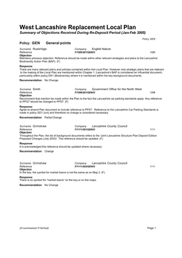 West Lancashire Replacement Local Plan Summary of Objections Received During Re-Deposit Period (Jan-Feb 2005)