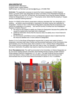 4054 CHESTNUT ST Proposed Action: Rescission Property Owner: Eapen Kalathil Staff Contact: Jon Farnham, Jon.Farnham@Phila.Gov, 215-686-7660