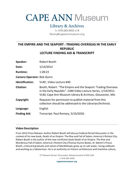 Trading Overseas in the Early Republic Lecture Finding Aid & Transcript
