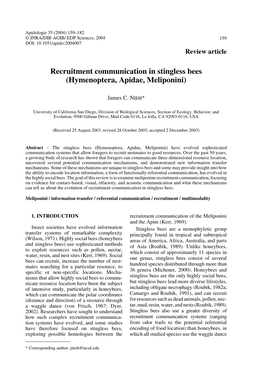Recruitment Communication in Stingless Bees (Hymenoptera, Apidae, Meliponini)
