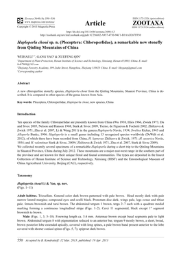 Haploperla Choui Sp. N. (Plecoptera: Chloroperlidae), a Remarkable New Stonefly from Qinling Mountains of China