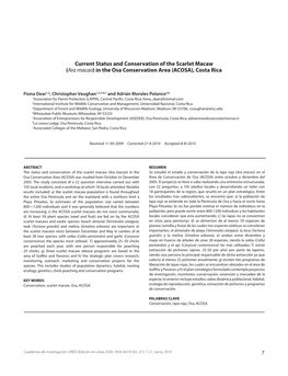 Current Status and Conservation of the Scarlet Macaw (Ara Macao) in the Osa Conservation Area (ACOSA), Costa Rica