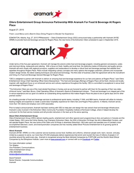 Oilers Entertainment Group Announce Partnership with Aramark for Food & Beverage at Rogers Place