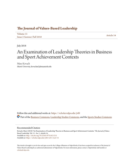 An Examination of Leadership Theories in Business and Sport Achievement Contexts Mary Kovach Miami University, Kovachm2@Miamioh.Edu