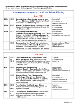 Veranstaltungen Juli/August 2021