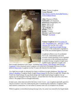 Name: Tommy Loughran Career Record: D=011326&Cat=Boxer