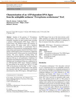 Characterization of an ATP-Dependent DNA Ligase from the Acidophilic Archaeon ‘‘Ferroplasma Acidarmanus’’ Fer1