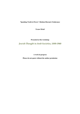 Jewish Thought in Arab Societies, 1880-1960