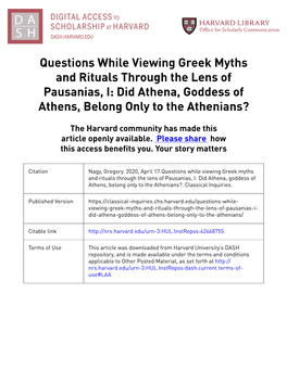 Questions While Viewing Greek Myths and Rituals Through the Lens of Pausanias, I: Did Athena, Goddess of Athens, Belong Only to the Athenians?