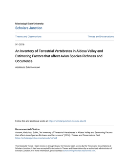 An Inventory of Terrestrial Vertebrates in Aldesa Valley and Estimating Factors That Affect Avian Species Richness and Occurrence