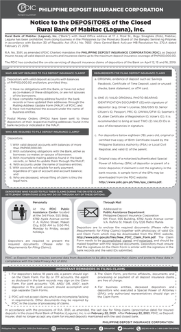 Notice to the DEPOSITORS of the Closed Rural Bank of Mabitac (Laguna), Inc