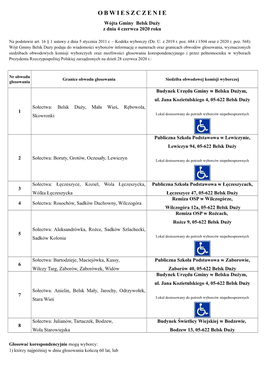 OBWIESZCZENIE Wójta Gminy Belsk Duży Z Dnia 4 Czerwca 2020 Roku