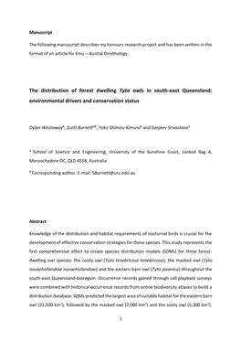 The Distribution of Forest Dwelling Tyto Owls in South-East Queensland: Environmental Drivers and Conservation Status