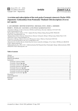 Zootaxa, a Revision and Redescription of the Rock Gecko